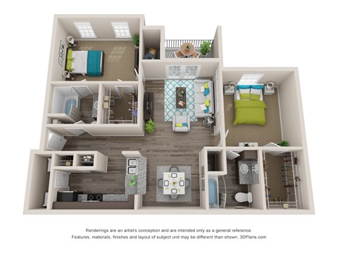 A 3D floor plan of a house with a kitchen, living room, and bedrooms.